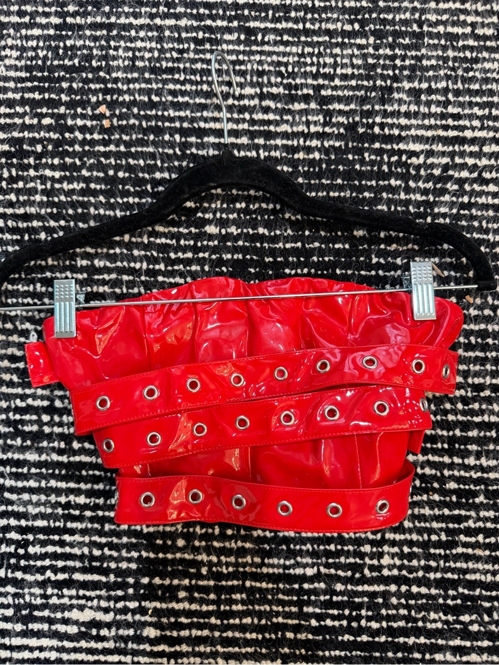 I.AM.GIA Red Vinyl Grommet Strap Top with Belt Details
